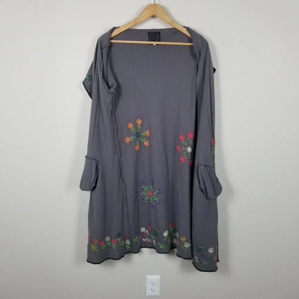 Biya Johnny Was Brown Floral Embroidered Waterfall Long Brown Cardigan Size M - Picture 13 of 15